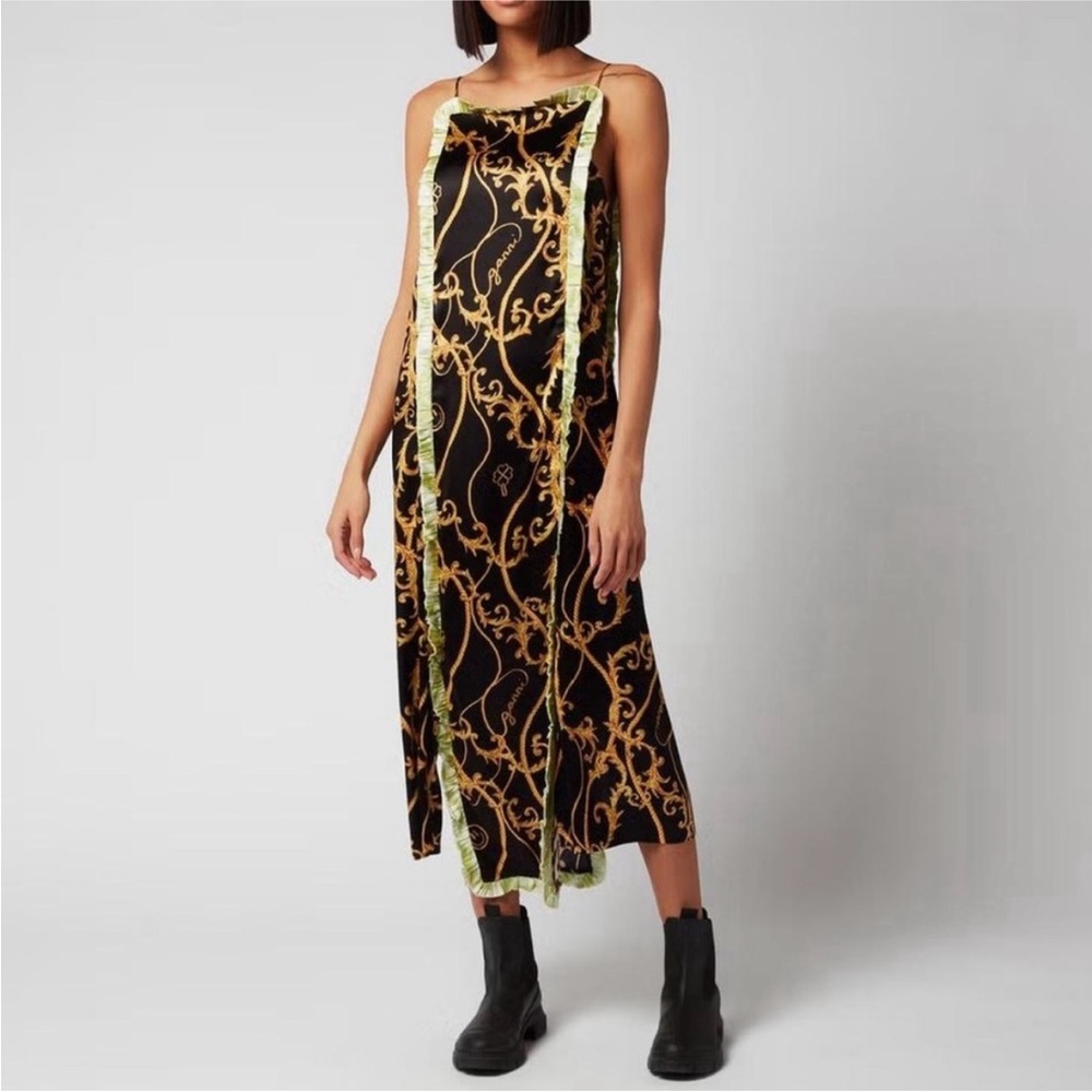 Ganni Black and Gold Patterned Midi Dress